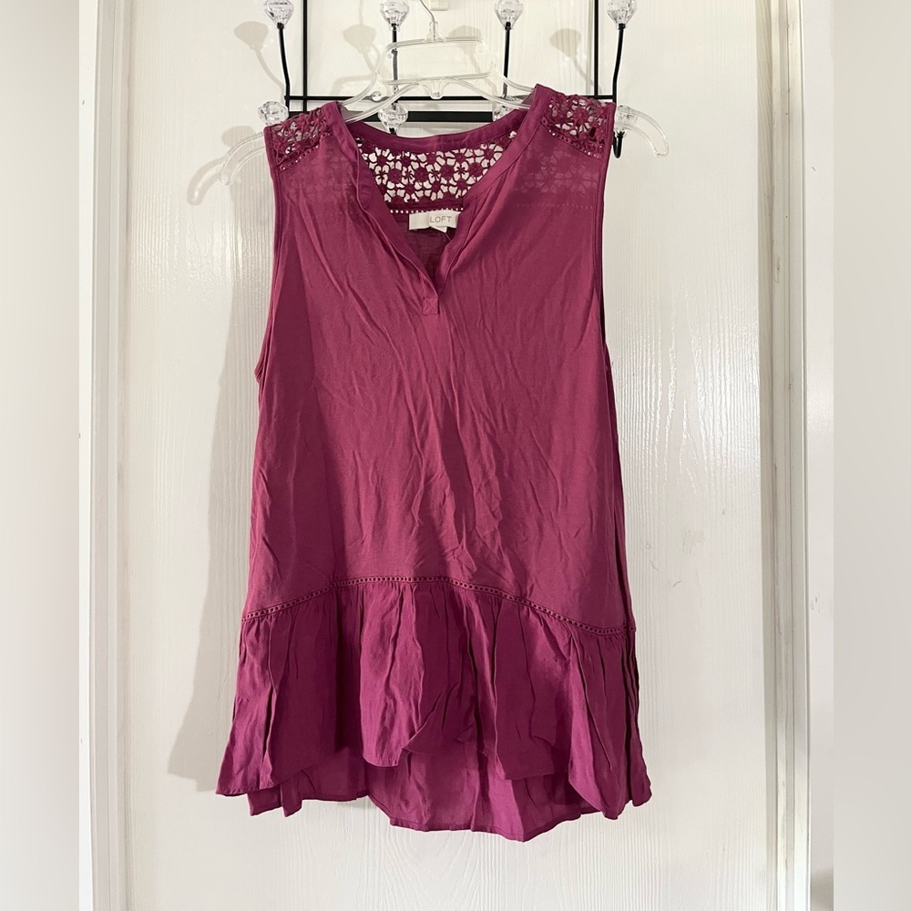 LOFT Sleeveless Magenta Blouse with Lace Detail